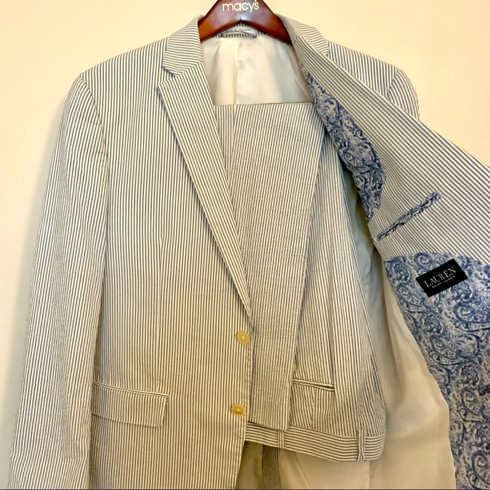 Men's Lauren Ralph Lauren Seersucker Suit 42R Jacket / 36x29 Pants Excellent